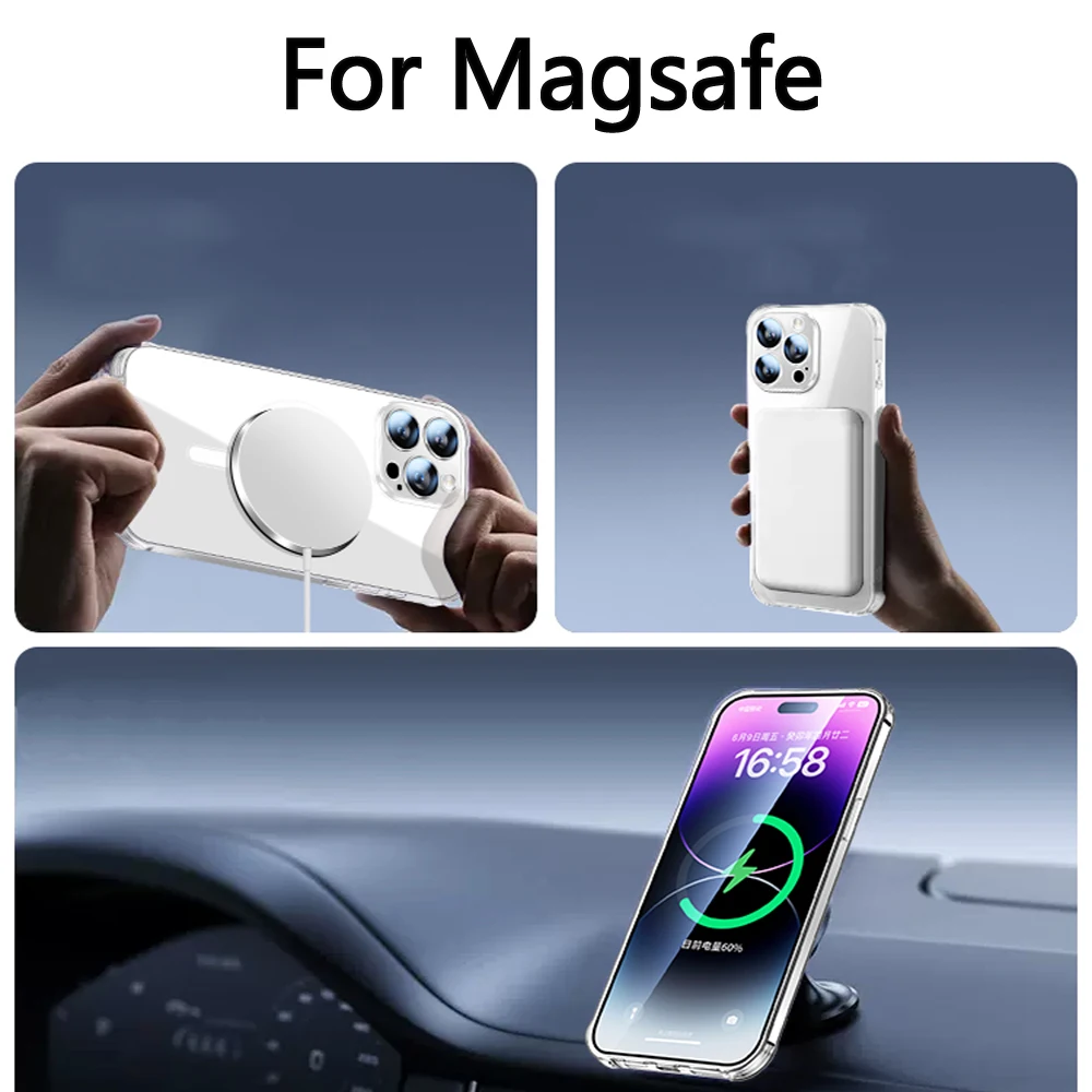 고급 도금 투명 무선 자성폰케이스삼성 갤럭시 S21 S23 Fe S24 울트라 S22 Plus Ultra For Apple Magsafe Case Samsung Galaxy 6K 초선명 유리 10H 폭발 방지 전체 카메라 보호