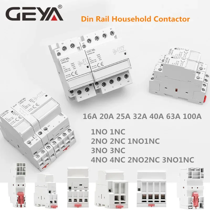 GEYA 딘 레일 장착 모듈러 가정용 AC 접촉기, 스마트 홈 호텔, AC220V 2P 16A 20A 25A 2NC 2NO 1NO1NC 50 60Hz