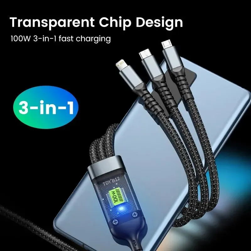 USB C 타입 마이크로 고속 충전기 케이블, 아이폰 15, 14, 삼성, 샤오미, 화웨이용, 3 인 1, 100W, 5A