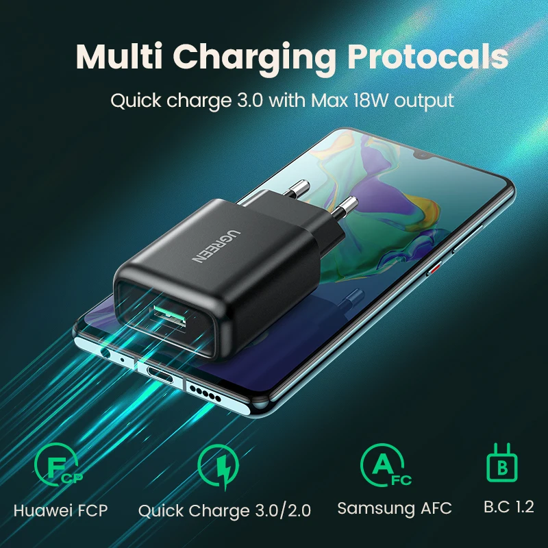 Ugreen USB 빠른 충전 3.0 QC 18W USB 충전기 QC3.0 빠른 벽 충전기 삼성 s10 화웨이 Xiaomi 아이폰에 대 한 휴대 전화 충전기