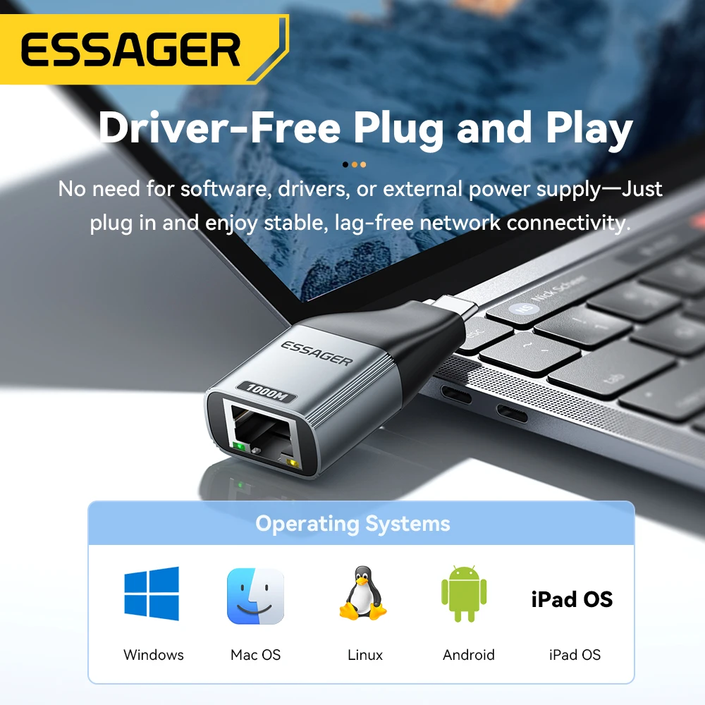 Essager C타입-이더넷 어댑터, 맥북 노트북 유선 네트워크 카드용, 고속 RJ45-C타입 어댑터, 100 Mbps, 1000Mbps 기가비트