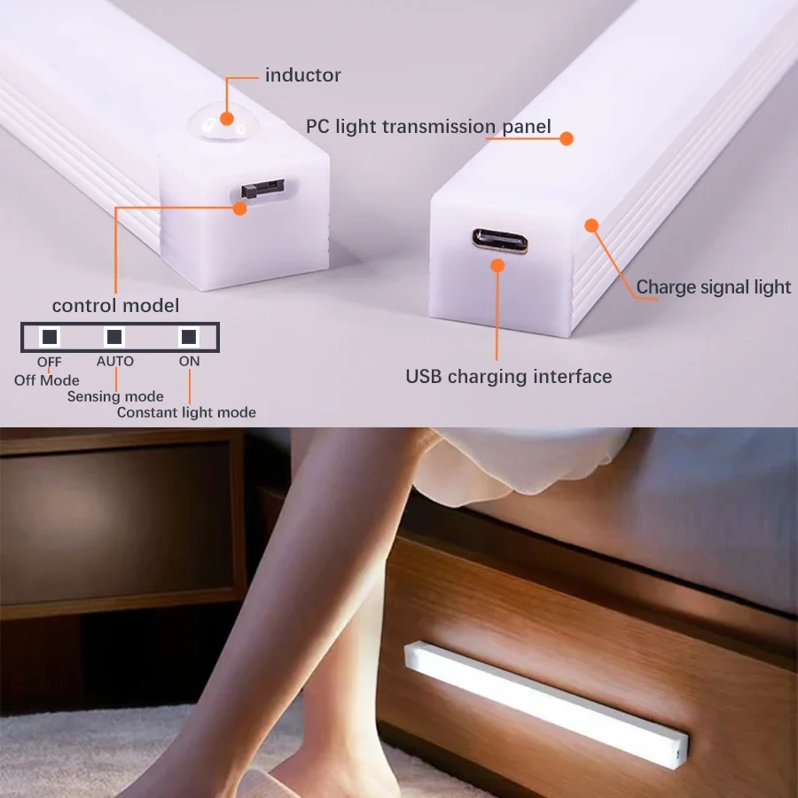 캐비닛 조명 아래 LED 모션 센서, USB 충전식 LED 야간 조명, 옷장 캐비닛 주방 찬장용