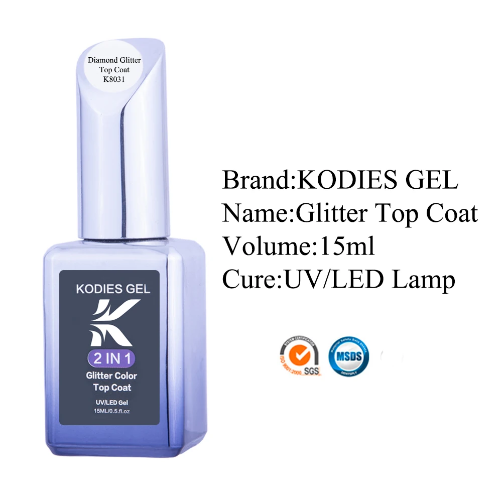 KODIES 네일 바니시용 다이아몬드 탑코트, 15ml, 슈퍼 샤인, UV 젤 폴리쉬, 반영구 글리터 탑코트, 지워지지 않음