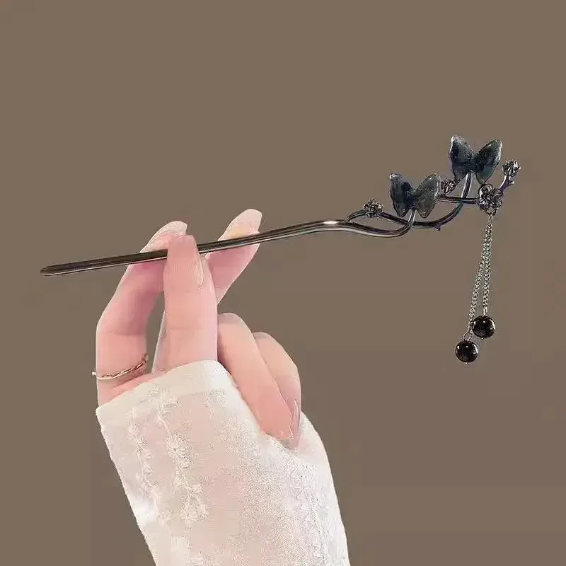 중국 스타일 나비 꽃 술 비녀 여성용 빈티지 금속 한푸 젓가락, 비녀 년대 헤어 액세서리, 신제품