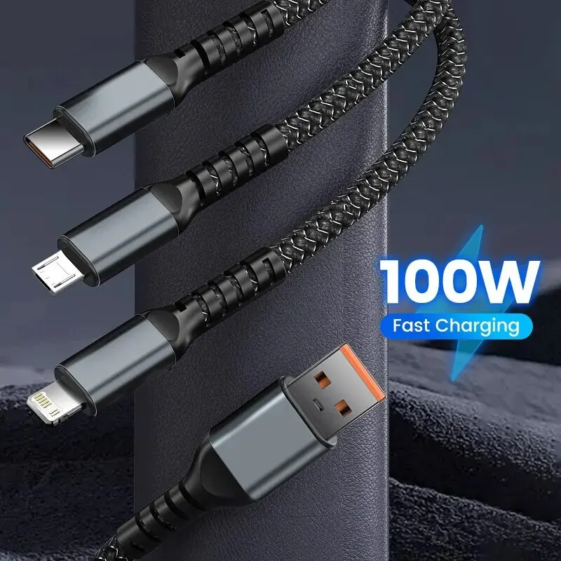 USB C 타입 마이크로 고속 충전기 케이블, 아이폰 15, 14, 삼성, 샤오미, 화웨이용, 3 인 1, 100W, 5A