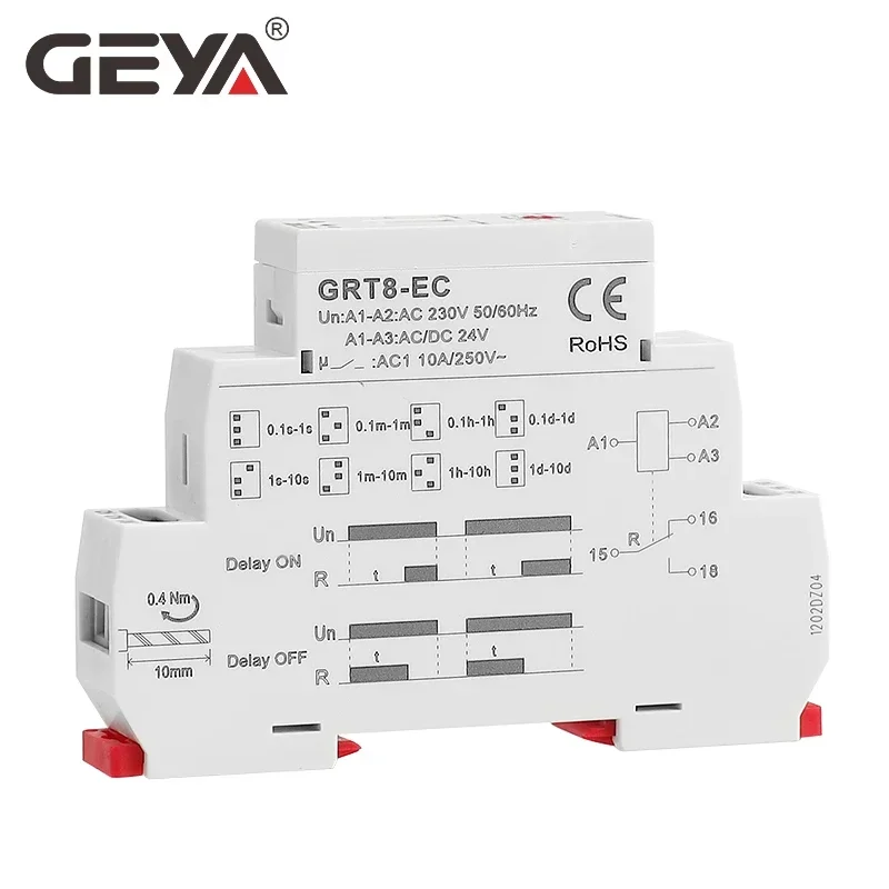 GEYA GRT8-EC 이중 기능 타이머 릴레이, 지연 온 또는 오프 지연 릴레이, AC220V, DC24V, AC380V, ACDC24V-240V 타임 릴레이 CE CB ROHS, 10A