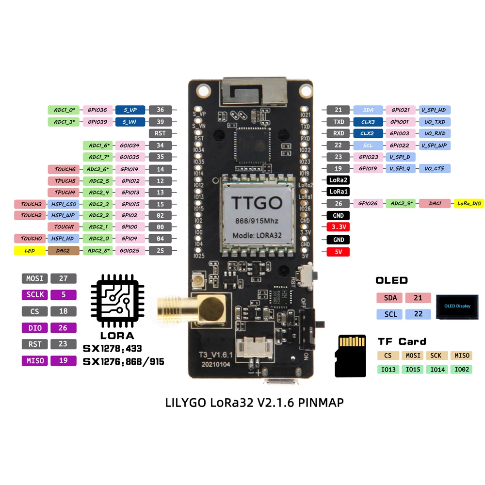 LILYGO®TTGO LoRa32 V2.1 _ 1.6 버전 433/868/915Mhz ESP32 LoRa OLED 0.96 인치 SD 카드 블루투스 WIFI 무선 모듈 ESP-32 SMA