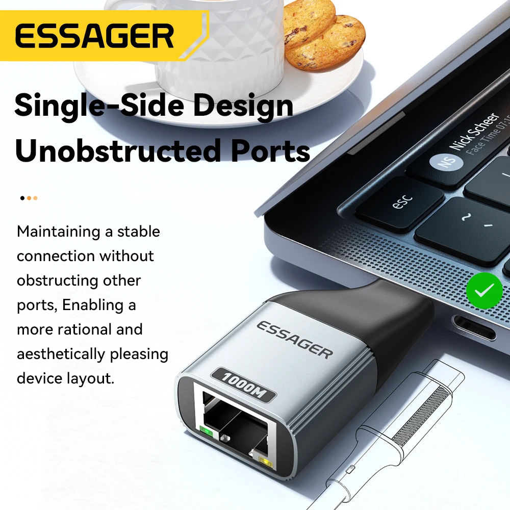 Essager C타입-이더넷 어댑터, 맥북 노트북 유선 네트워크 카드용, 고속 RJ45-C타입 어댑터, 100 Mbps, 1000Mbps 기가비트