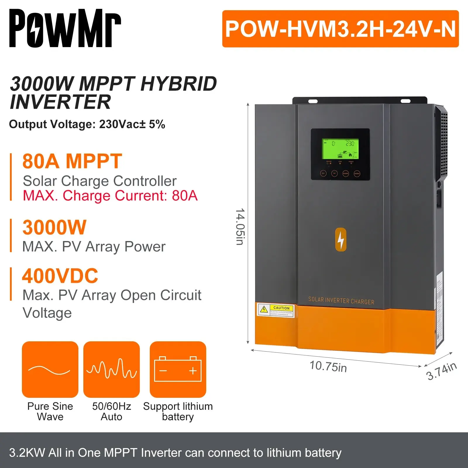 PowMr 하이브리드 태양광 인버터, MPPT 80A 태양광 충전기 컨트롤러 포함, 순수 사인파 인버터, 1600W, 3000W, 12V, 24V, 220V, 1.6KW, 3KW