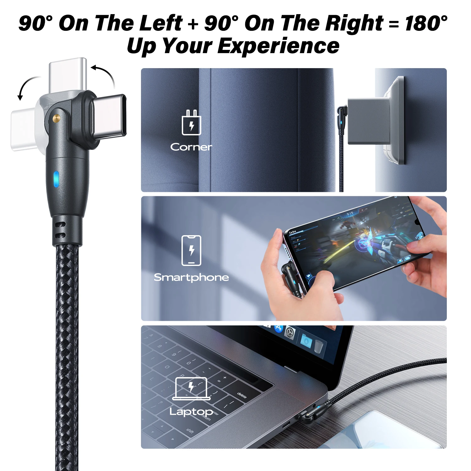 100W USB 타입 C USB C 케이블 5A PD 고속 충전 와이어 코드, 맥북 프로 샤오미 아이패드 삼성 180 회전 USB-C 케이블