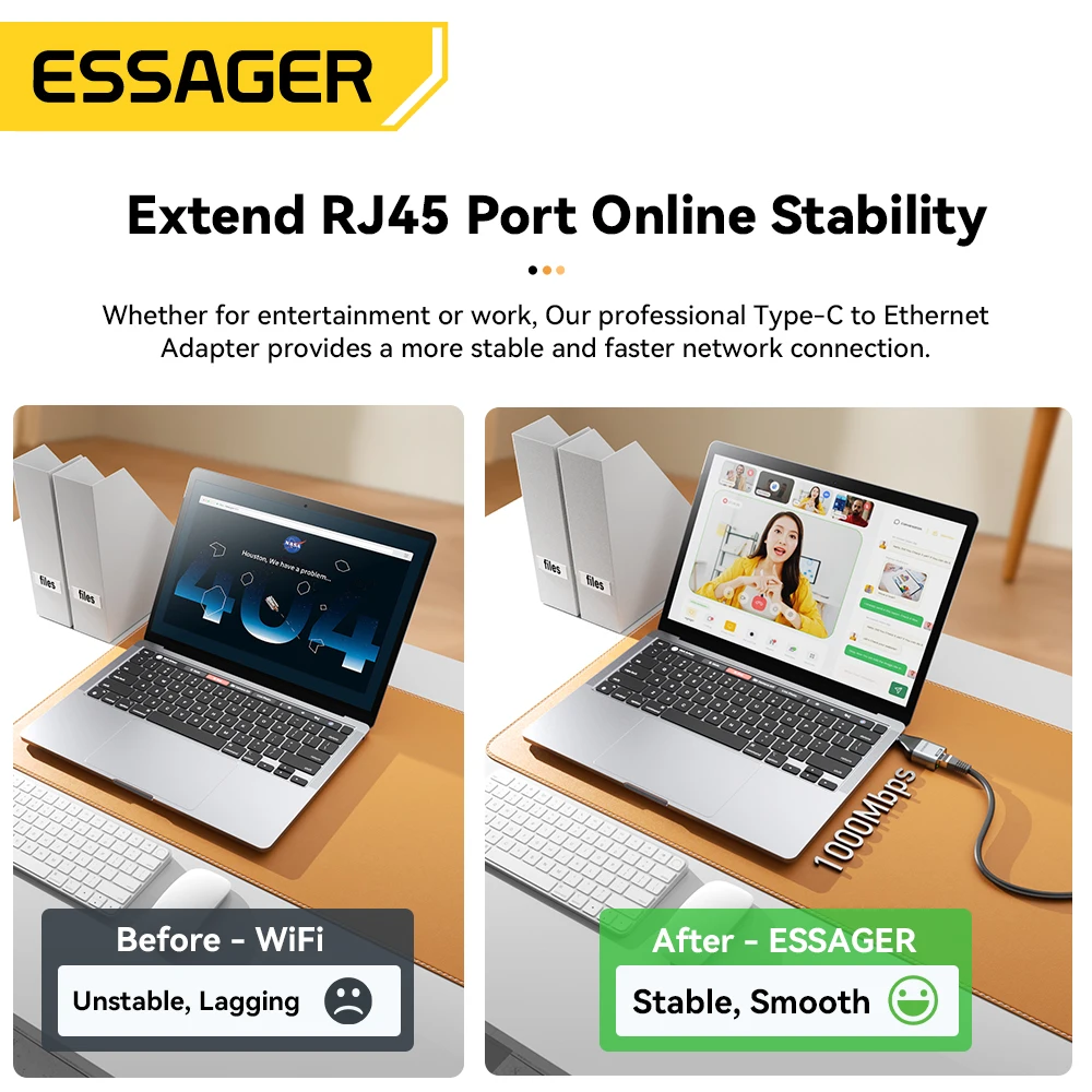 Essager C타입-이더넷 어댑터, 맥북 노트북 유선 네트워크 카드용, 고속 RJ45-C타입 어댑터, 100 Mbps, 1000Mbps 기가비트