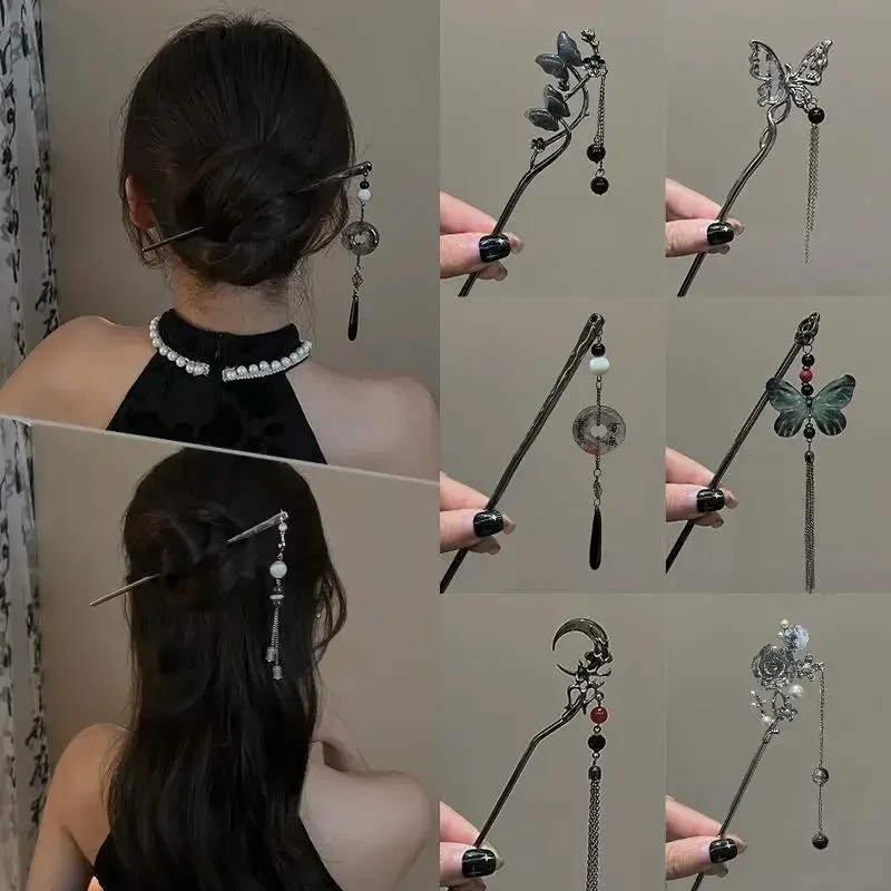 중국 스타일 나비 꽃 술 비녀 여성용 빈티지 금속 한푸 젓가락, 비녀 년대 헤어 액세서리, 신제품