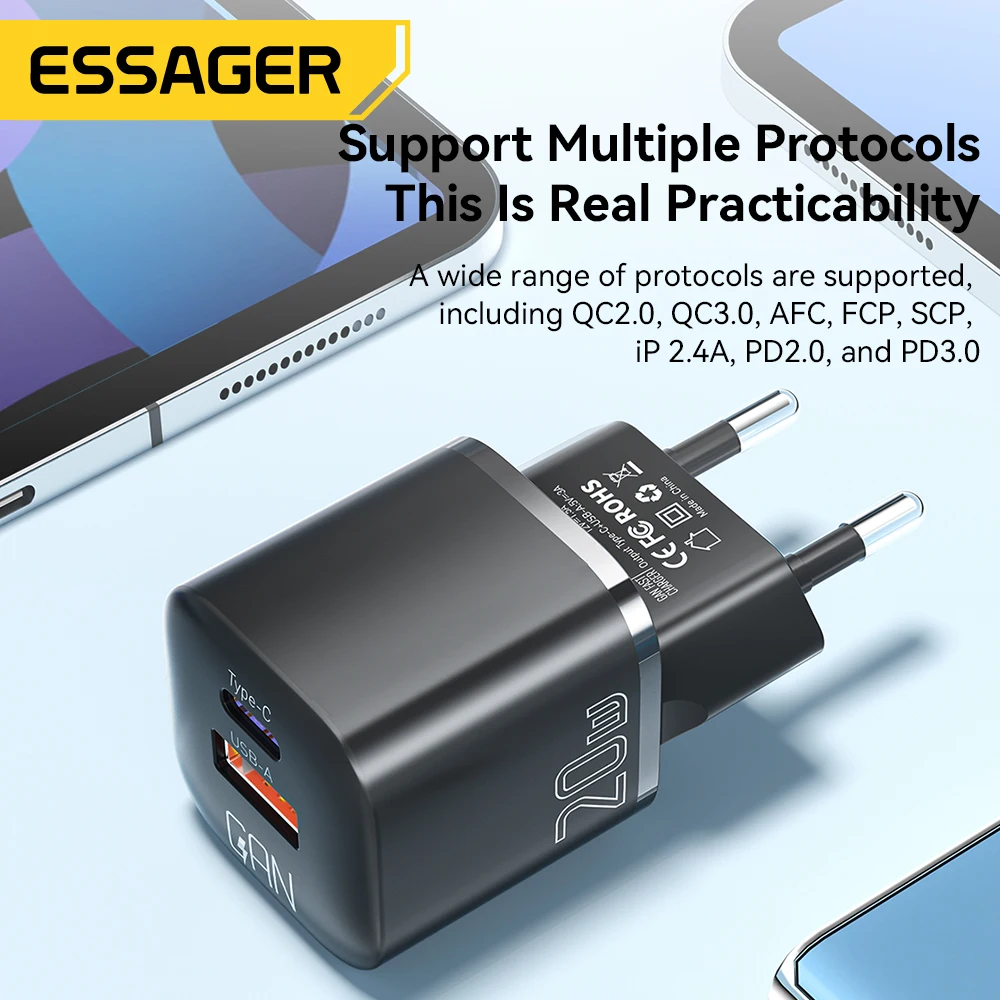 Essager 20W GaN USB C 타입 충전기 PD 빠른 충전 전화기 QC 3.0 고속 충전기 아이폰 14 13 12 11 프로 맥스 미니 아이패드용 충전