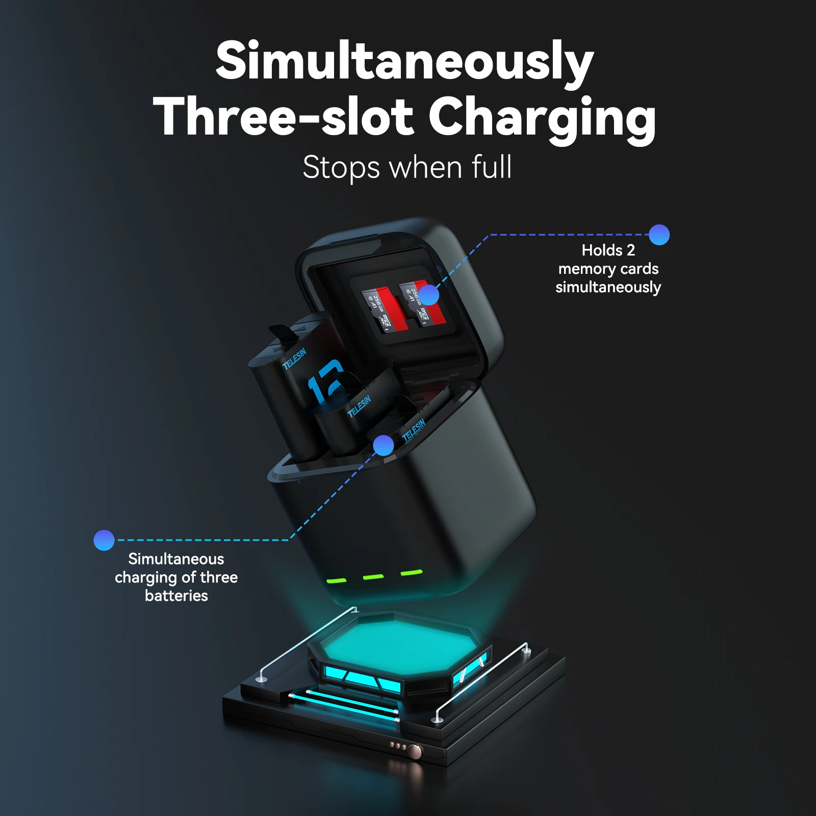 TELESIN 고프로 히어로 12 11 10 9 1750 mAh 배터리, 3 가지 방식 고속 충전기 박스, TF 카드 스토리지, 고프로 히어로 액세서리