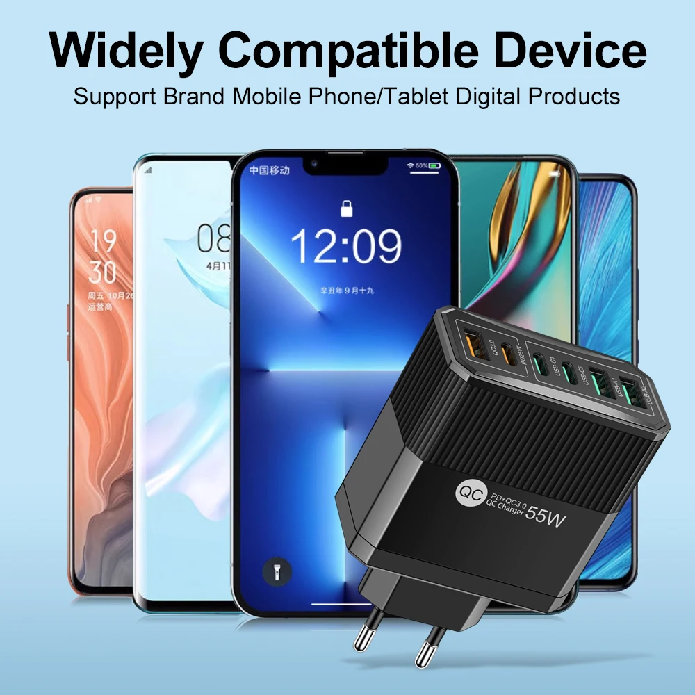 한국 플러그 55W 고속 충전 6 포트 USB C 타입 벽 충전기, 삼성 A23 S23 아이폰 14 프로 맥스 샤오미 KR용 충전기