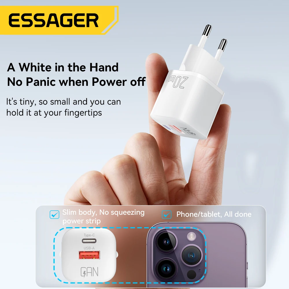 Essager 20W GaN USB C 타입 충전기 PD 빠른 충전 전화기 QC 3.0 고속 충전기 아이폰 14 13 12 11 프로 맥스 미니 아이패드용 충전