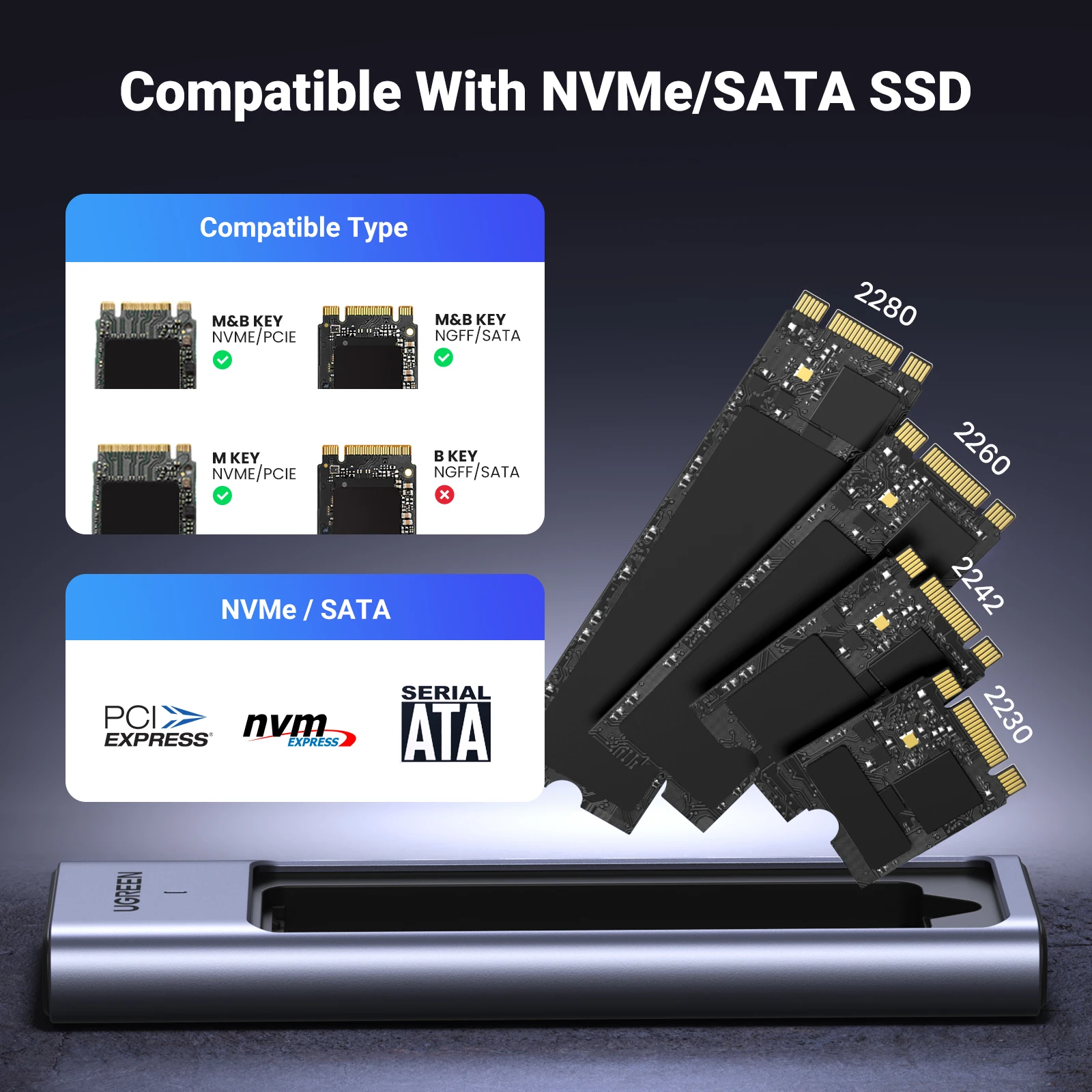 UGREEN-M.2 SSD 케이스 NVMe SATA SSD 인클로저 어댑터, 10Gbps USB 3.2 Gen2 USB C 외부 인클로저 M 및 B & M 키 지원