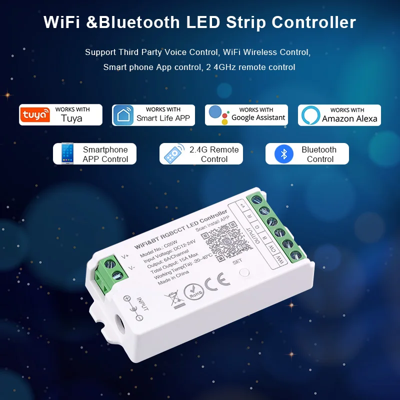 Tuya 와이파이 LED 컨트롤러, 알렉사 구글 홈 음성 제어, RGB RGBW CCT, 스트립 스마트 컨트롤러, 앱 BT RF 원격, 2.4G DC12V-24V