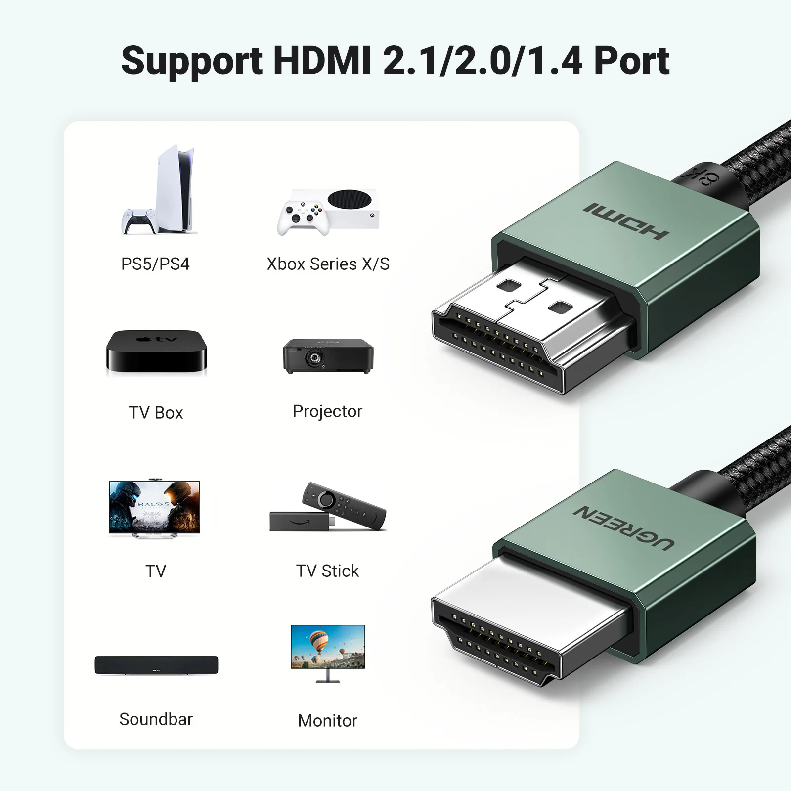 UGREEN HDMI 호환 케이블, TV 샤오미 박스 스플리터 스위처용 비디오 케이블, 3D HDCP 컴퓨터 노트북 디스플레이 코드, 8K, 60Hz