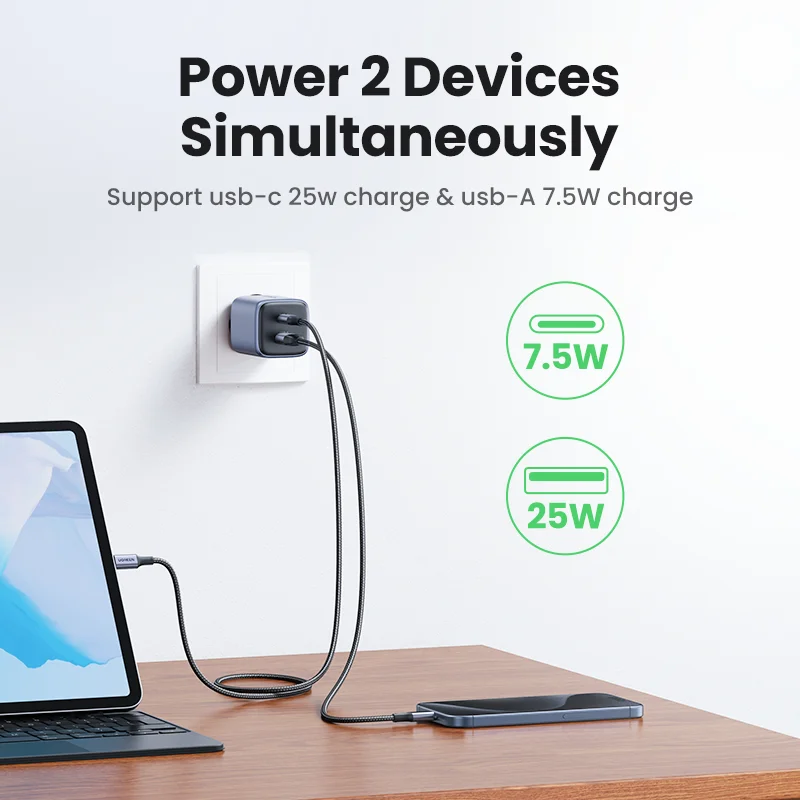 UGREEN GaN 35W USB 충전기, 아이폰 15, 14, 13 프로, 삼성, 샤오미, 아이패드 프로, USB C 고속 충전기, PD3.0, QC3.0