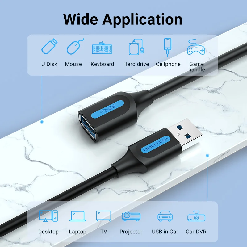 Vention USB 3.0 익스텐션 케이블, PC 스마트 TV Xbox One SSD 고속 USB 케이블 익스텐션, USB 3.0 2.0 케이블 연장기 데이터 코드