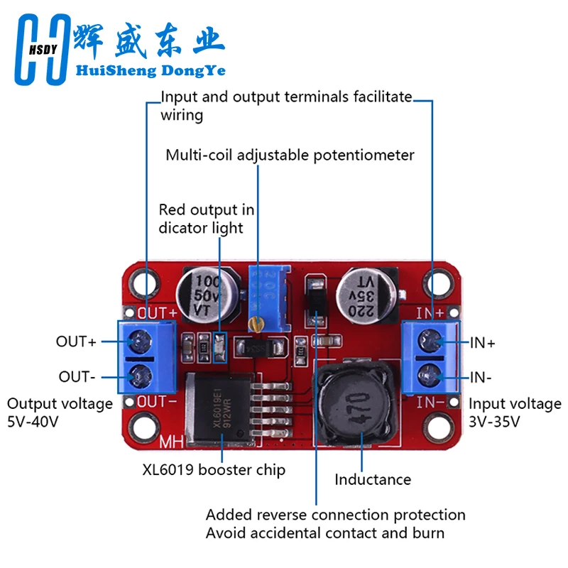 5A DC-DC 스텝 업 파워 모듈 부스트 볼트 컨버터, 3.3V-35V, 5V, 6V, 9V, 12V, 24V, XL6019