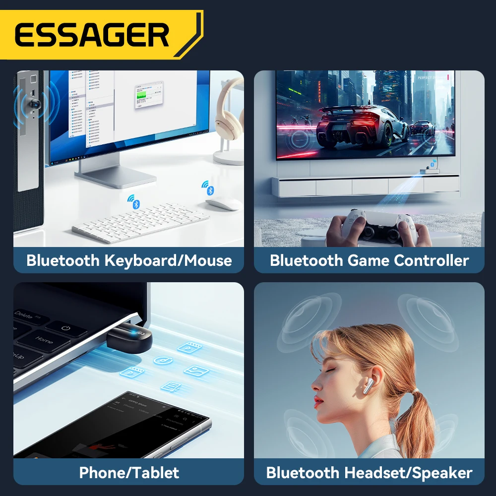 Essager USB 블루투스 어댑터 동글 블루투스 5.3, PC 노트북 스피커 오디오 리시버, 무선 마우스 키보드, USB 송신기