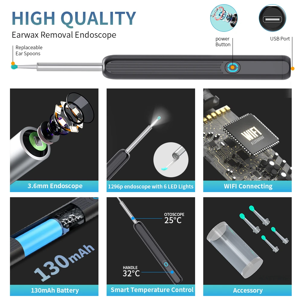 NE3 귀 청소기 카메라와 함께 고정밀 귀 왁스 제거 도구 LED 빛 무선 Otoscope 스마트 귀 청소 키트 최고의 선물