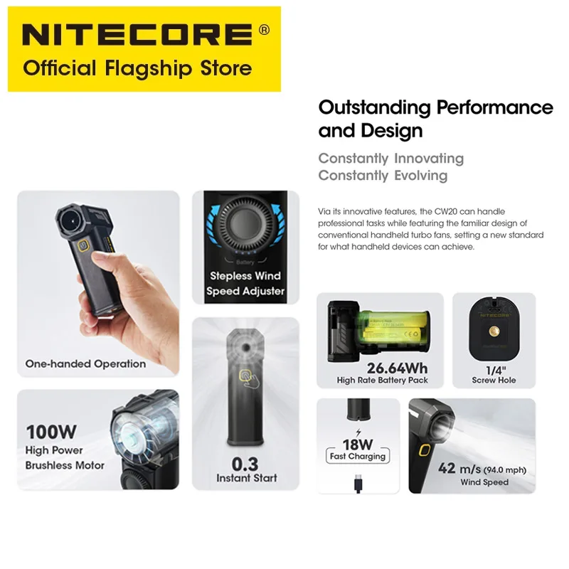 NITECORE 다목적 포켓 사진 선풍기, 캐논, 소니, 짧은 비디오 캠핑용, 전기 휴대용 선풍기, 무단 바람 송풍기, CW20