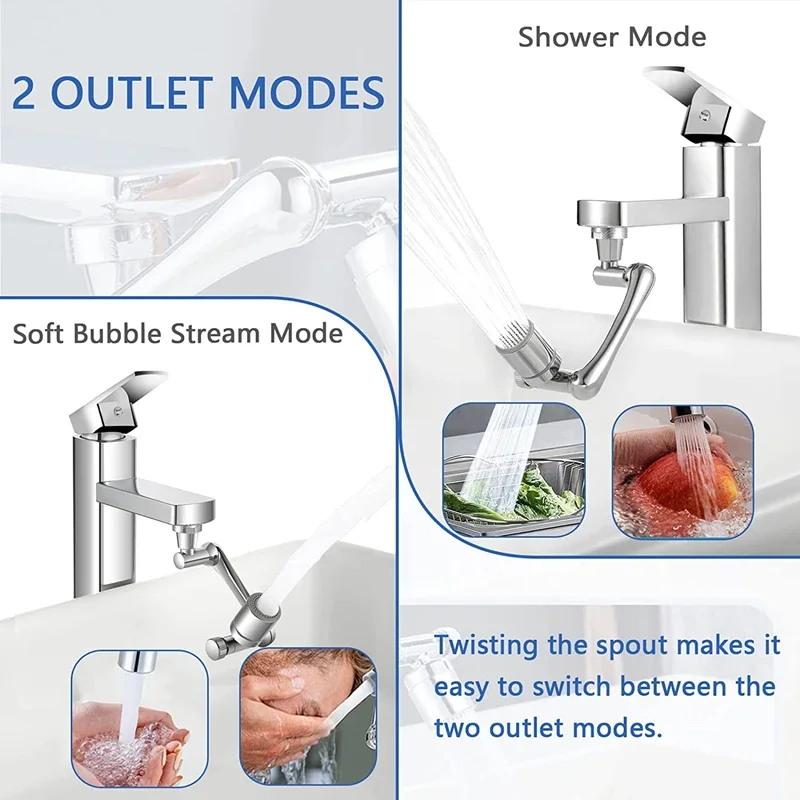 다기능 회전식 연장 수도꼭지, 1080 ° 회전 수도꼭지 분무기, 이중 배출물 로봇 암 연장 수도꼭지, 에어레이터 버블러