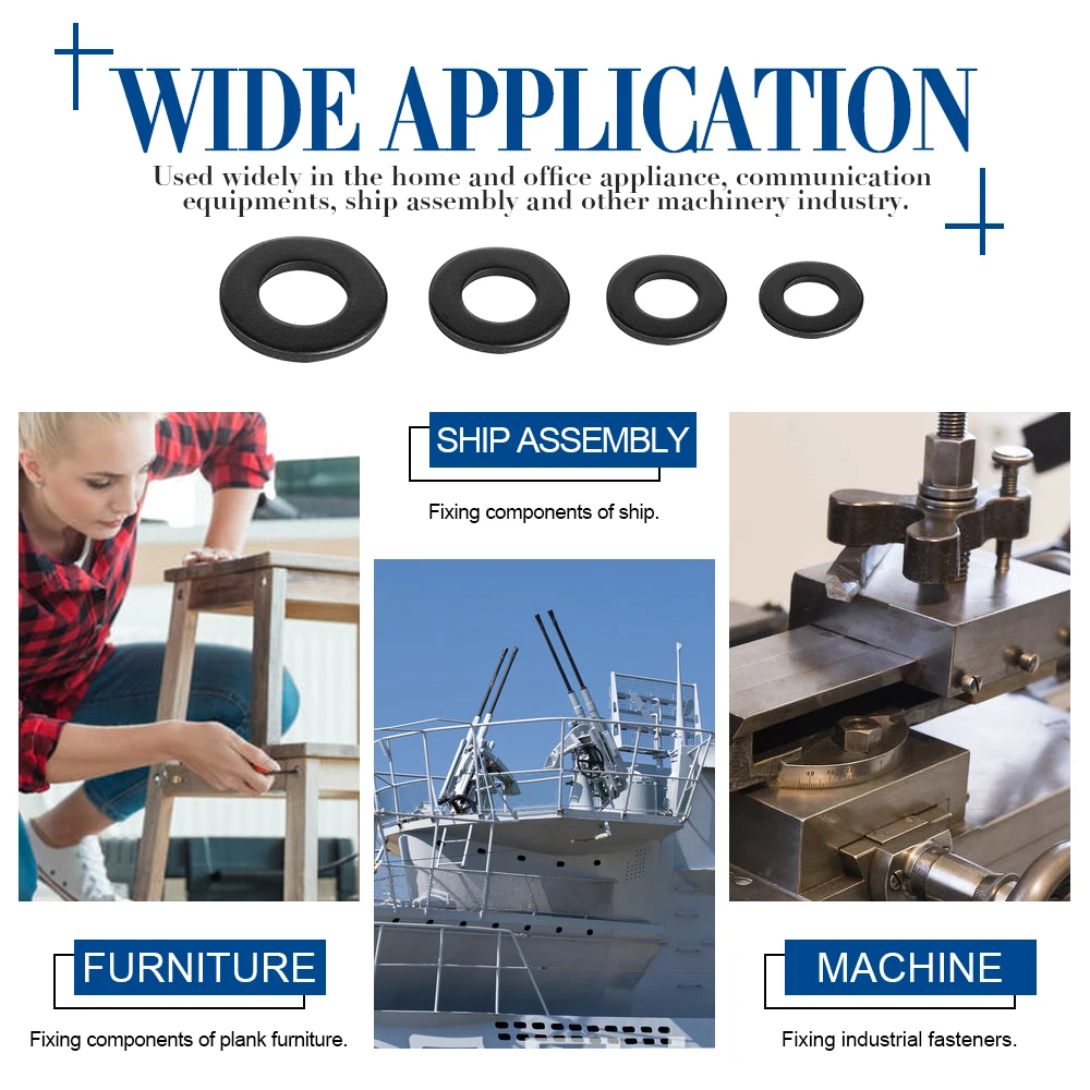 블랙 플랫 와셔, 탄소강 플레인 와셔 개스킷, M2 M2.5 M3 M4 M5 M6 M8 M10 M12 M14 M16 M18 M20 M22 M27 M30 M33 M36, 1/100 개