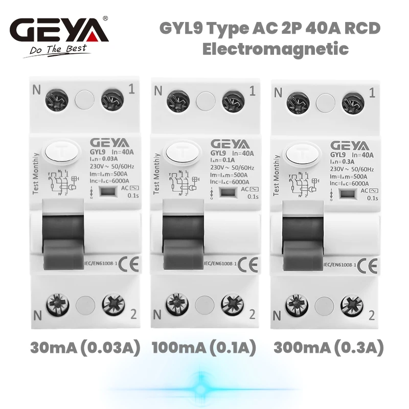 GEYA GYL9 AC 유형 RCCB 전자기 잔류 전류 회로 차단기, AC ELCB 2 극 25A 40A 63A 100A RCD 30mA 100mA 300mA