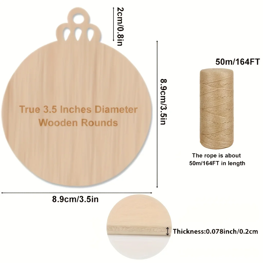 120/80/40/20pcs 50m 황마 로프 3.5 인치 DIY 나무 크리스마스 장식품 Pre-Drilled 나무 조각 공예 휴일 매달려 장식