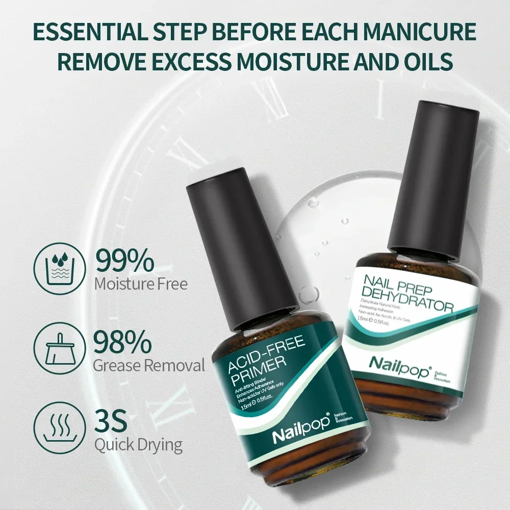 Nailpop 네일 탈수기 및 프라이머 무산 천연 네일 준비, 아크릴 및 UV 젤 네일 광택제, 빠른 건조, 우수한 본딩 세트