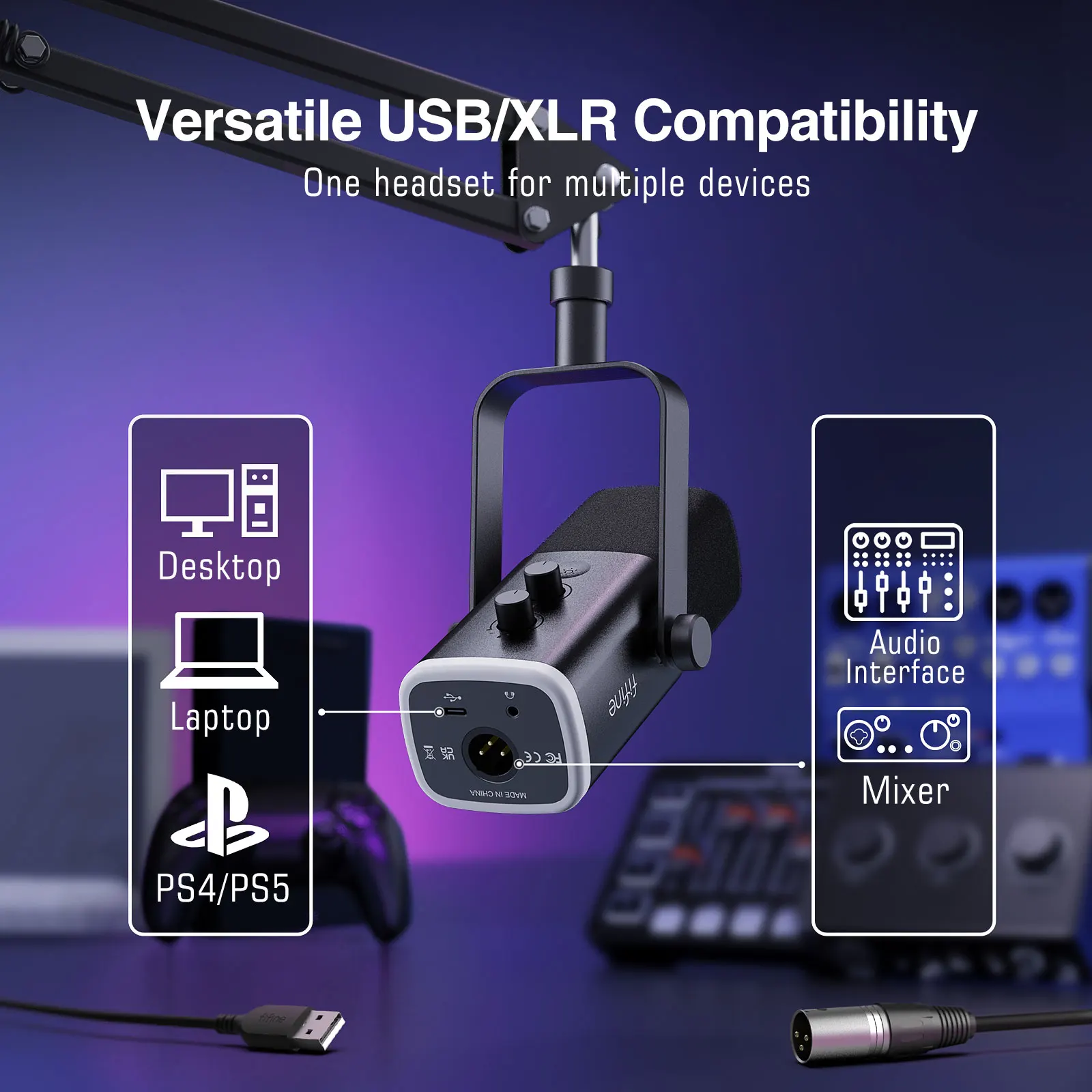 FIFINE XLR USB 게임용 마이크 키트, 헤드폰 잭, 음소거, RGB, 암 스탠드, PC PS5 4 믹서 앰프 AM8T 용 다이나믹 마이크 세트