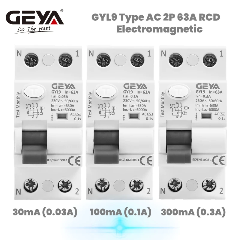 GEYA GYL9 AC 유형 RCCB 전자기 잔류 전류 회로 차단기, AC ELCB 2 극 25A 40A 63A 100A RCD 30mA 100mA 300mA