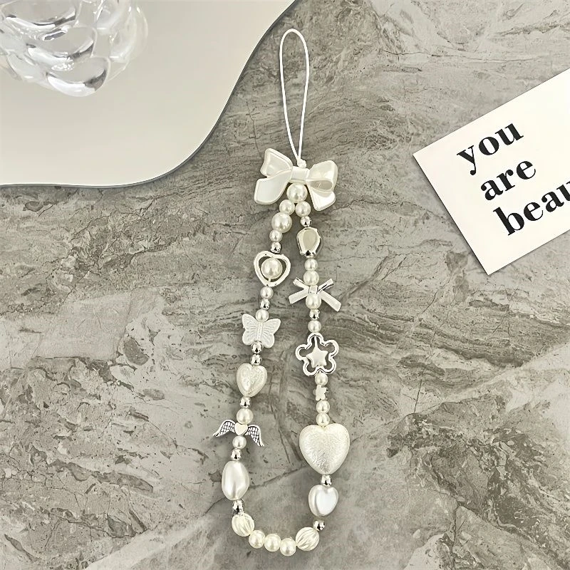 한국 귀여운 바로크 화이트 활 꽃 구슬 휴대폰 체인 매력 랜야드, 아이폰 삼성 범용 액세서리 쥬얼리 펜던트