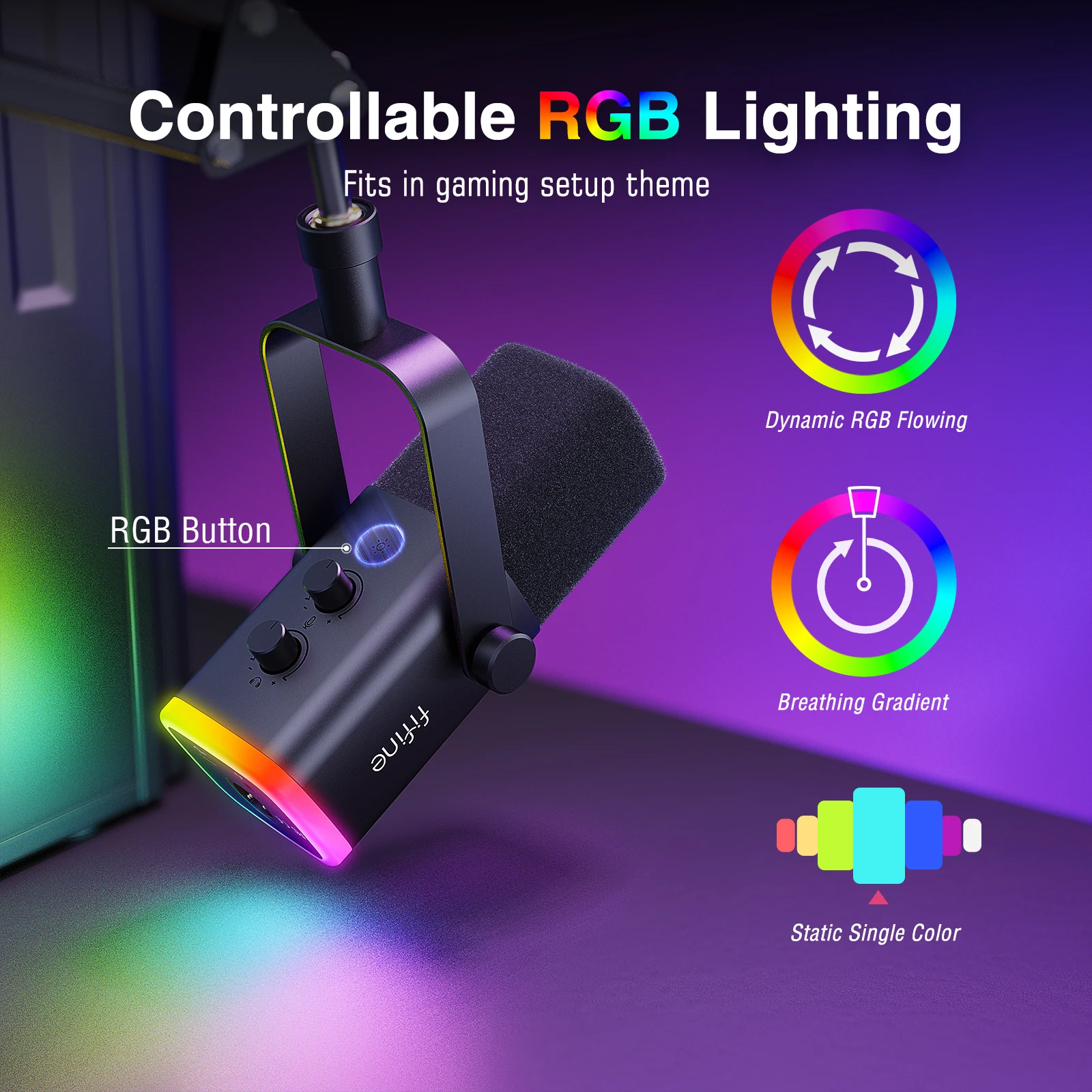 FIFINE XLR USB 게임용 마이크 키트, 헤드폰 잭, 음소거, RGB, 암 스탠드, PC PS5 4 믹서 앰프 AM8T 용 다이나믹 마이크 세트