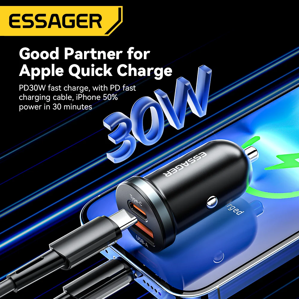 Essager 30W USB C 차량용 충전기 유형 C 빠른 충전기 PD QC 3.0 SCP 5A iPhone Xiaomi Samsung 용 고속 충전 차량용 전화 충전