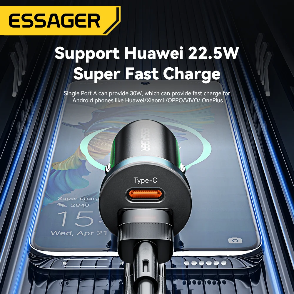 Essager 30W USB C 차량용 충전기 유형 C 빠른 충전기 PD QC 3.0 SCP 5A iPhone Xiaomi Samsung 용 고속 충전 차량용 전화 충전