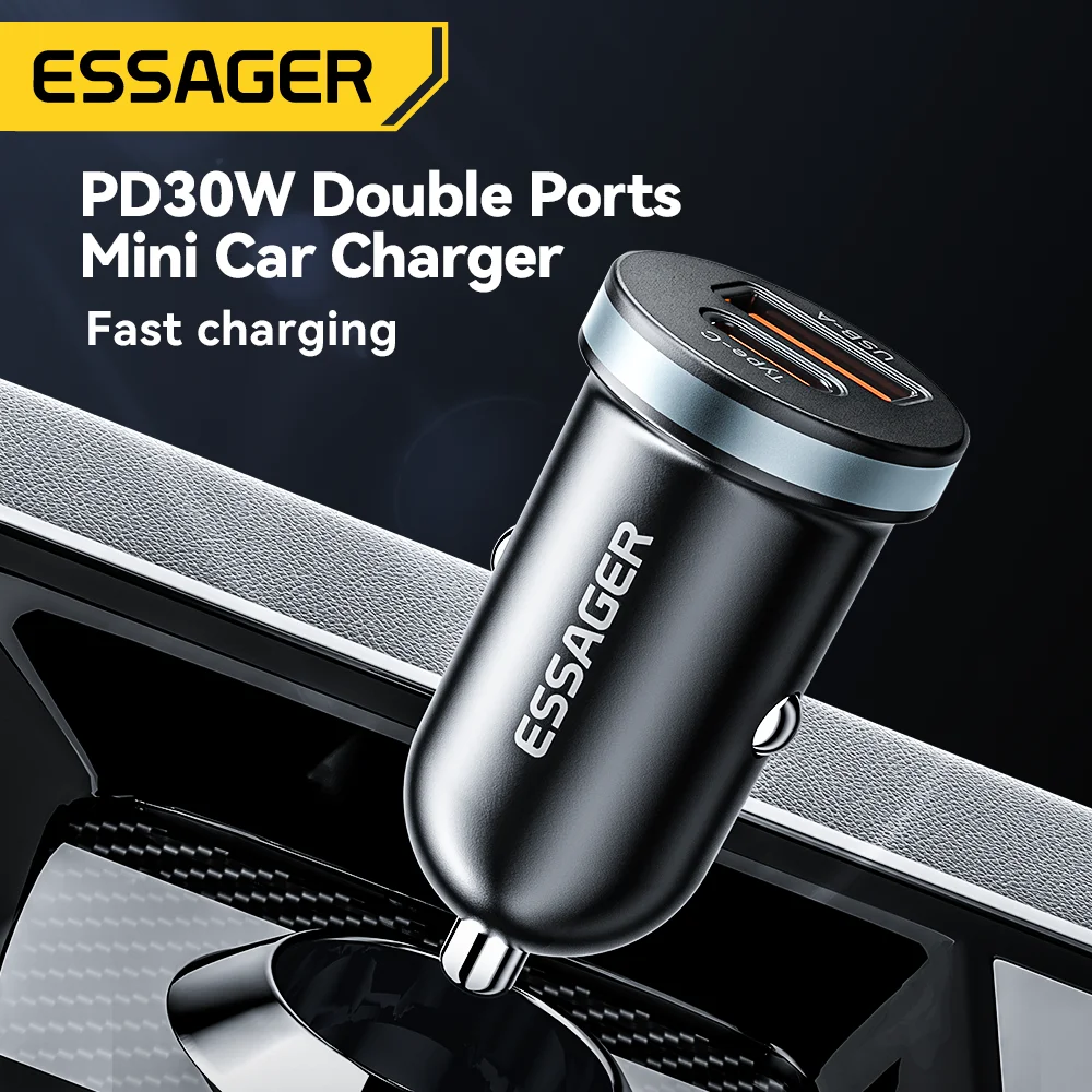 Essager 30W USB C 차량용 충전기 유형 C 빠른 충전기 PD QC 3.0 SCP 5A iPhone Xiaomi Samsung 용 고속 충전 차량용 전화 충전