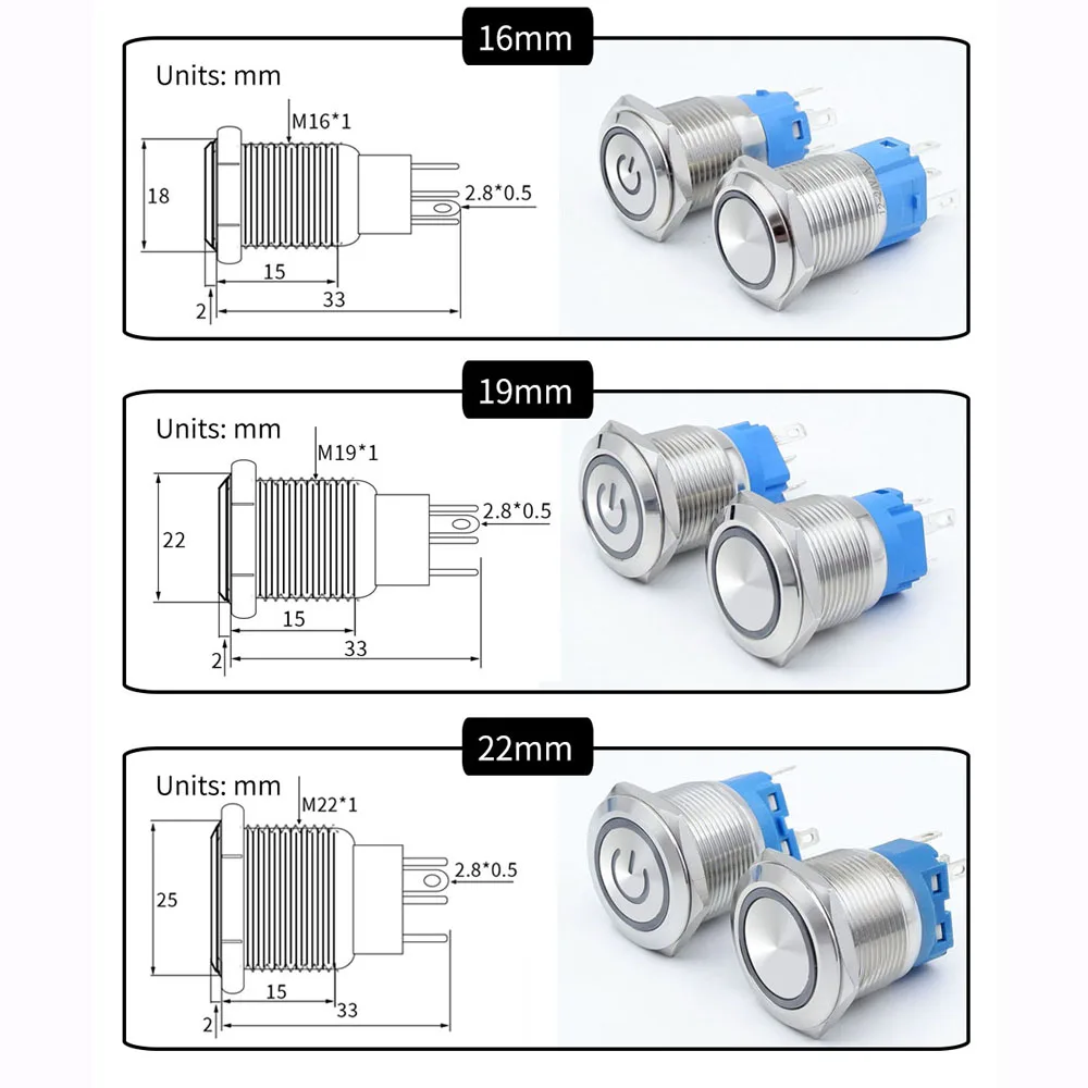 12mm 16mm 19mm 22mm 금속 푸시 버튼 스위치 플랫 헤드 1NO1NC 시작 중지 LED 라이트 레드 오렌지 블루 그린 화이트 3v 12v 24v 110v