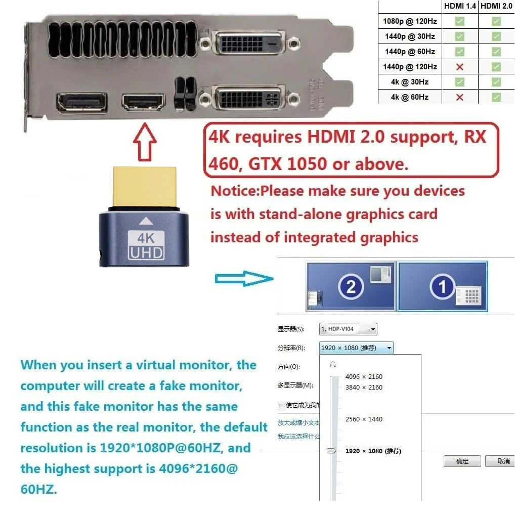 HDMI 호환 더미 플러그 4K HDR 가상 모니터 EDID 에뮬레이터 헤드리스 고스트 디스플레이 어댑터는 최대 4k@60Hz 1080@120Hz를 지원합니다.