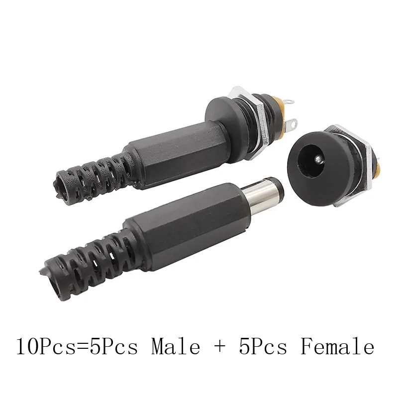 10Pcs (5Pair) 12V 3A 5.5x2.1mm DC 전원 수 플러그 커넥터 DC 전원 소켓 암 잭 나사 너트 패널 마운트 어댑터 5.5*2.1mm