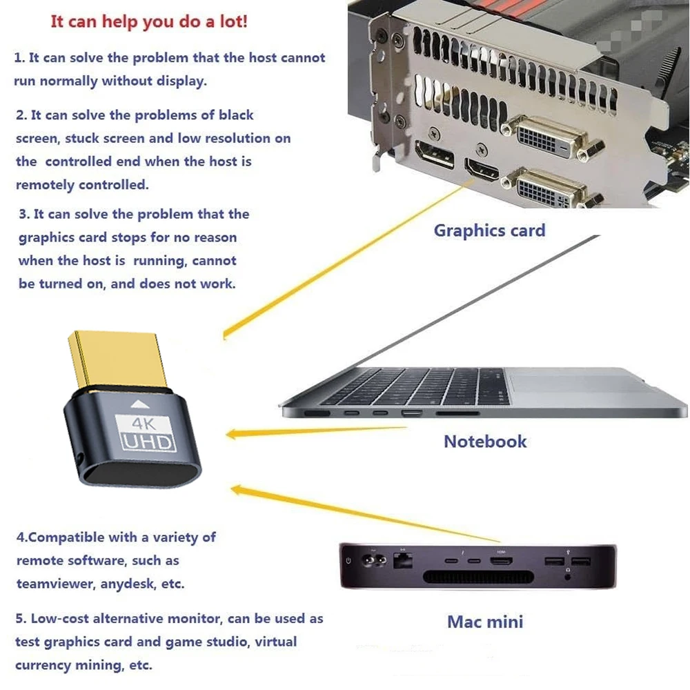 HDMI 호환 더미 플러그 4K HDR 가상 모니터 EDID 에뮬레이터 헤드리스 고스트 디스플레이 어댑터는 최대 4k@60Hz 1080@120Hz를 지원합니다.
