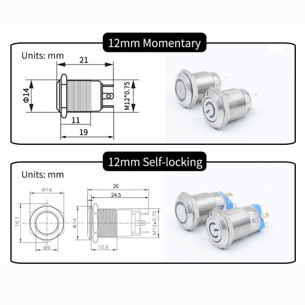 12mm 16mm 19mm 22mm 금속 푸시 버튼 스위치 플랫 헤드 1NO1NC 시작 중지 LED 라이트 레드 오렌지 블루 그린 화이트 3v 12v 24v 110v