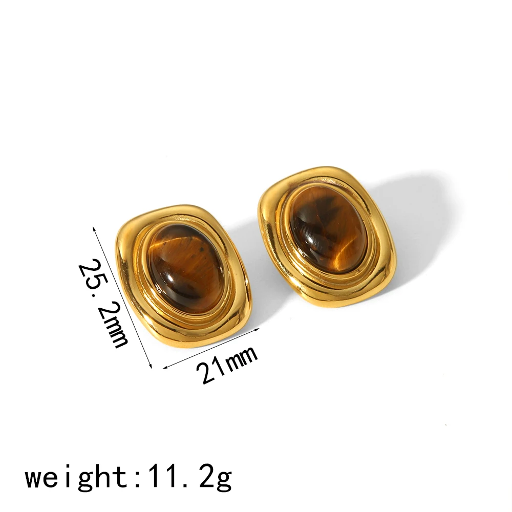 신제품 성명 자연 돌 타이거 아이 귀걸이 여성을위한 방수 골드 도금 스테인레스 스틸 진주 스터드 귀걸이