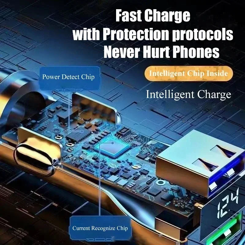 240W 차량용 충전기 듀얼 USB 포트 120W 초고속 충전(디지털 디스플레이 포함) iPhone Samsung Xiaomi용 빠른 충전 어댑터