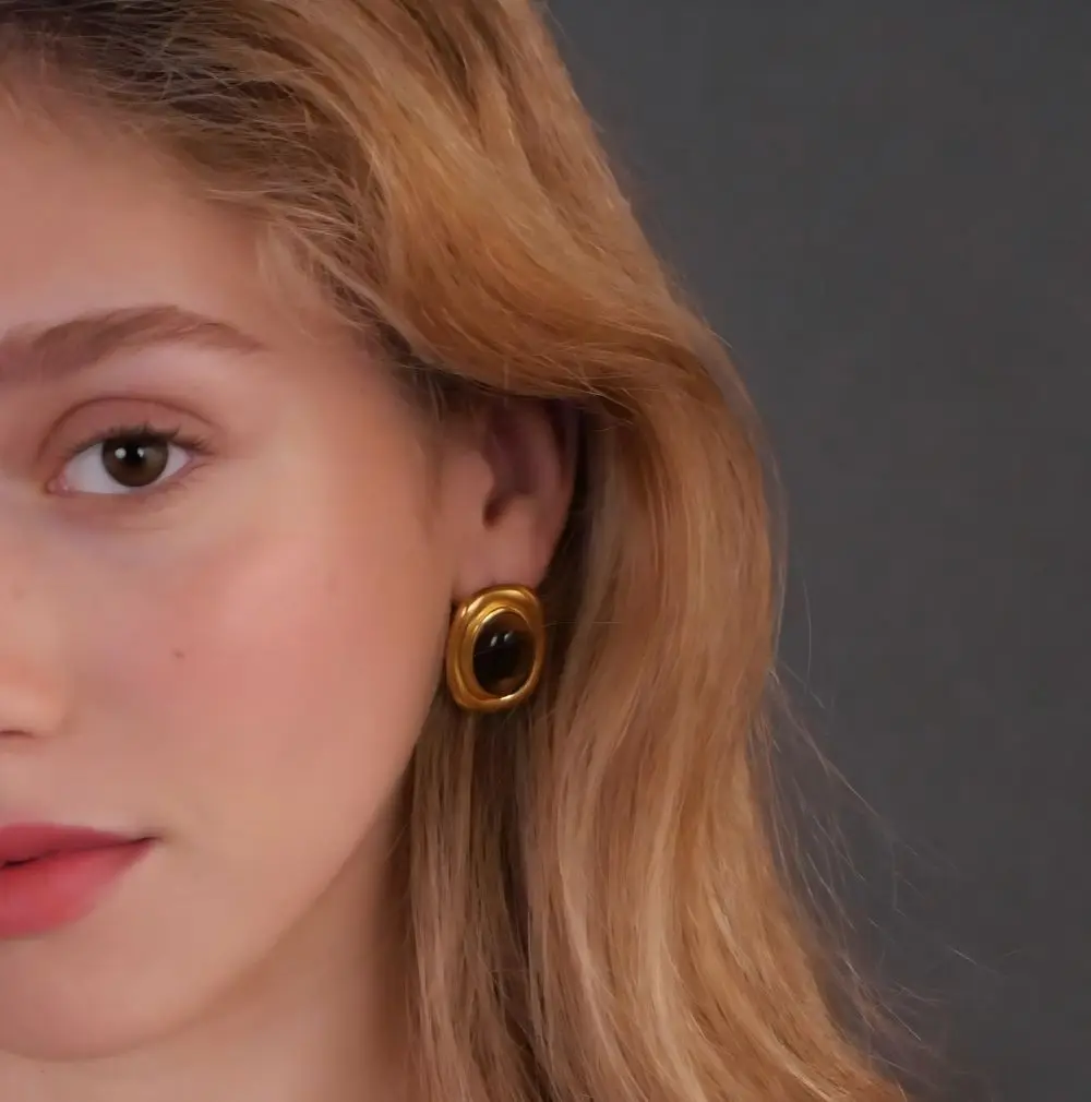 신제품 성명 자연 돌 타이거 아이 귀걸이 여성을위한 방수 골드 도금 스테인레스 스틸 진주 스터드 귀걸이