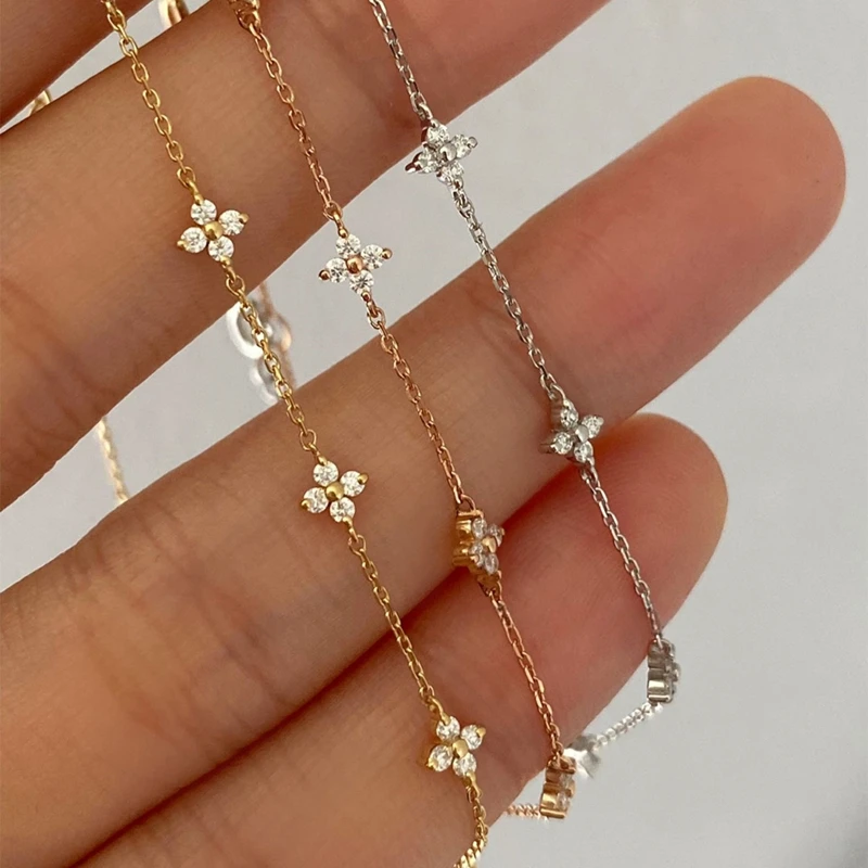 925 스털링 실버 네 잎 꽃 18k 골드 지르콘 팔찌 여성을위한 기질 절묘한 보석 결혼 선물 액세서리